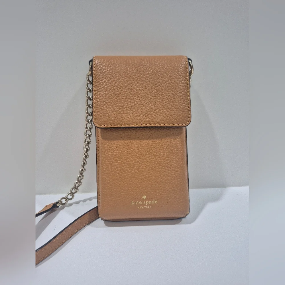 Kate Spade Tan Brown Leather North South Phone Crossbody Bag Purse
